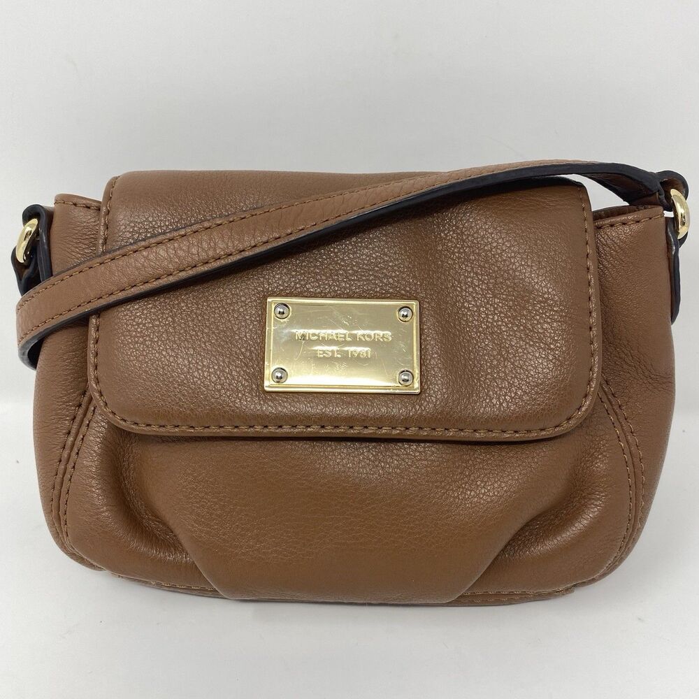 MICHAEL KORS Jet Set Brown Pebbled Leather Mini Flap Crossbody Shoulder Bag